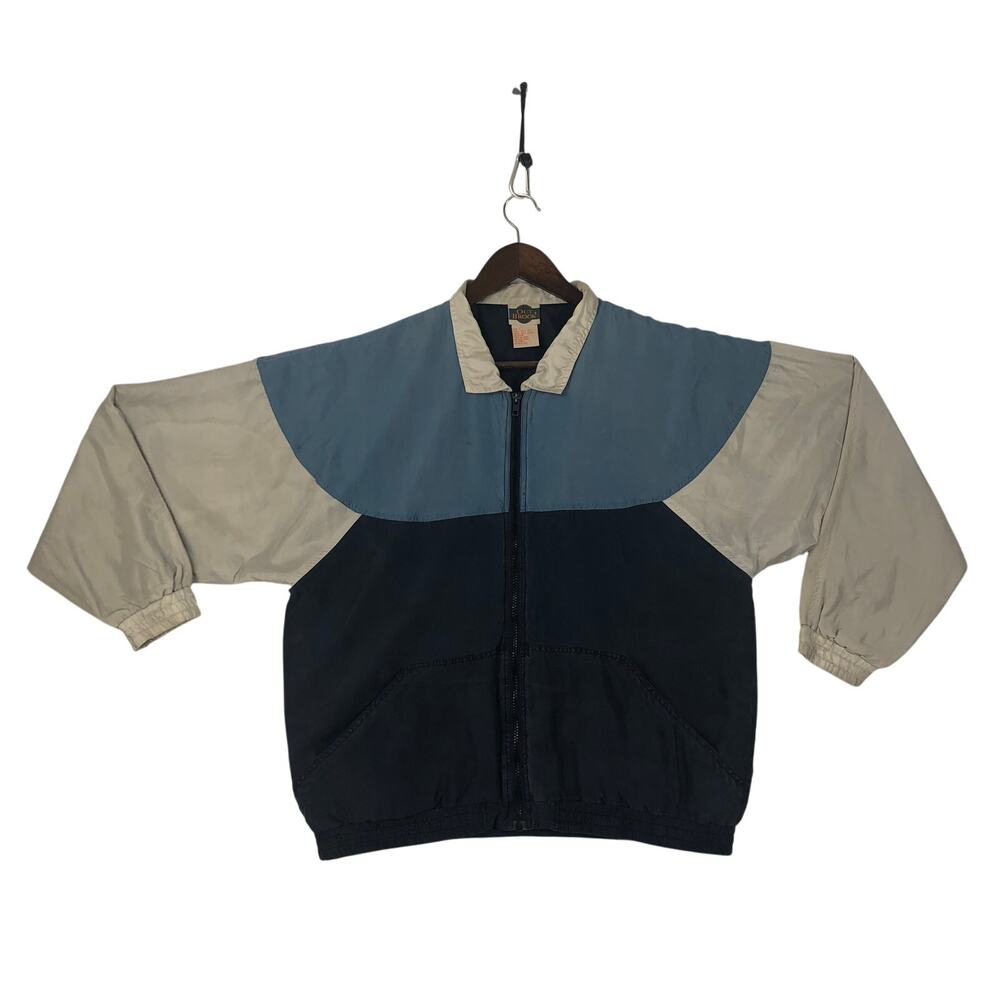 Vintage Silk Out Brook Bomber Jacket Full Zip Blue Colorblocked Women’s SZ LG